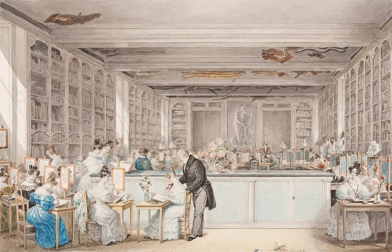 Botanisches Zeichnen im Atelier — historische Illustration einer Zeichenschule