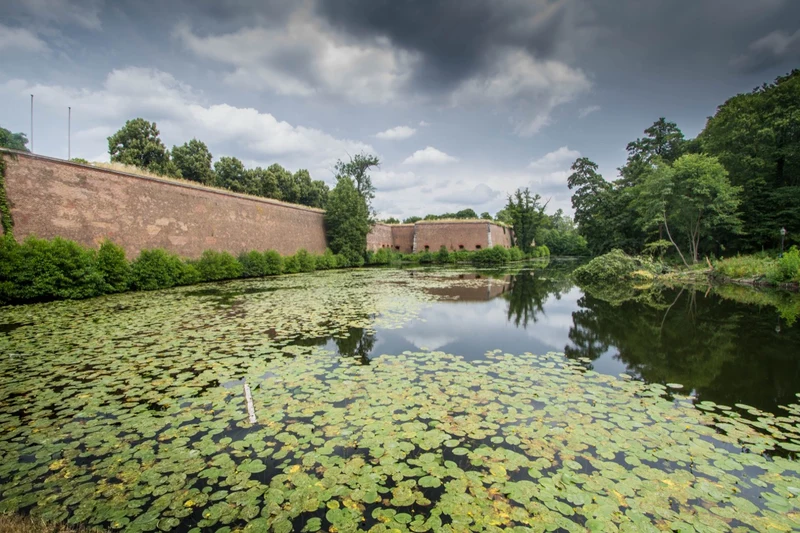 Wassergraben der Zitadelle Spandau mit Seerosen und roter Backsteinmauer