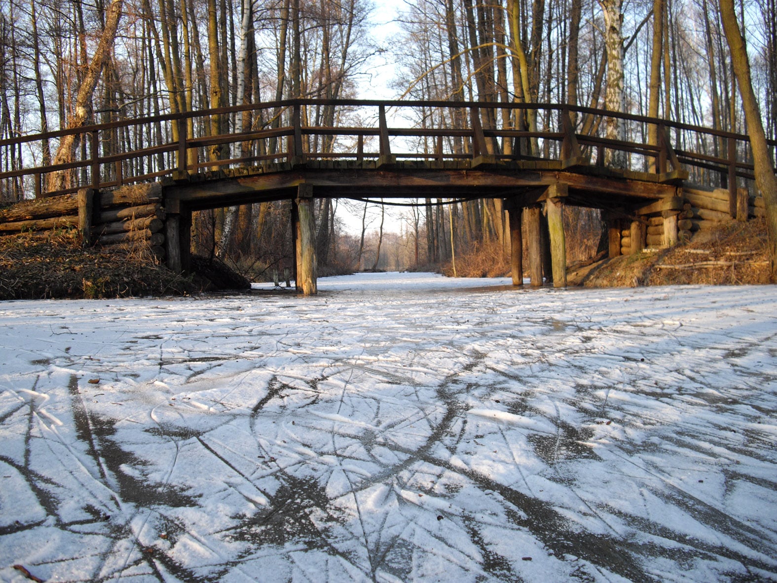 Holzbrücke über ein vereistes Fließ im Spreewald bei Lübbenau im Winterlicht