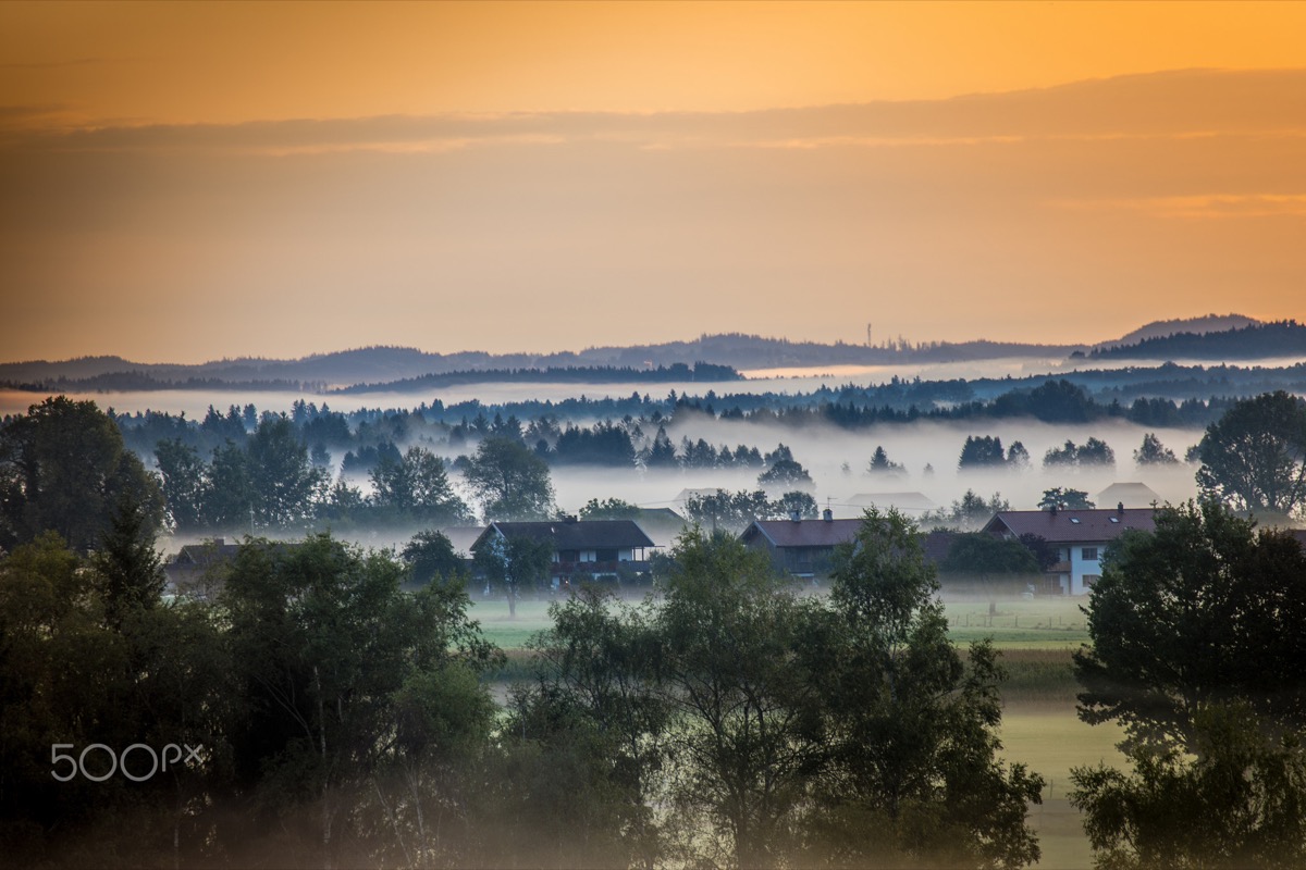 Nebliger Sonnenaufgang über stiller Landschaft